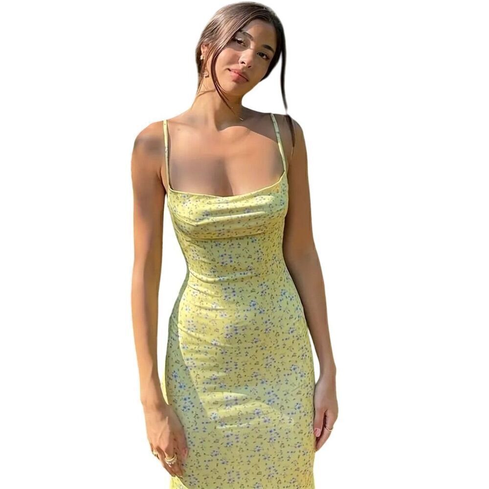 Sexy ASIAN XXL Yellow Floral Backless Dress Strappy Maxi Cottagecore Spring